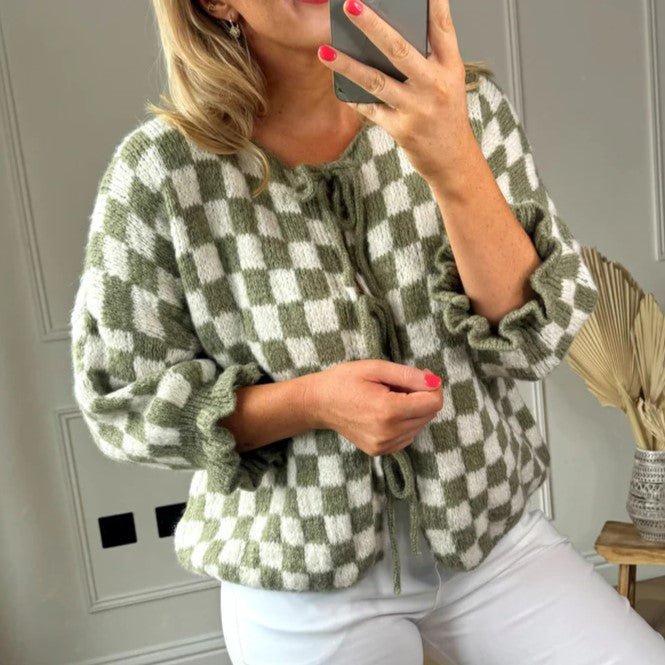 Ruffle Cuff Checkerboard Knit Cardigan - Matcha