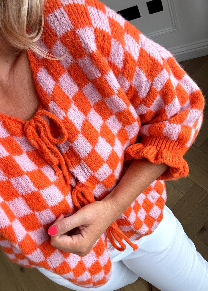 Ruffle Cuff Checkerboard Knit Cardigan - Orange