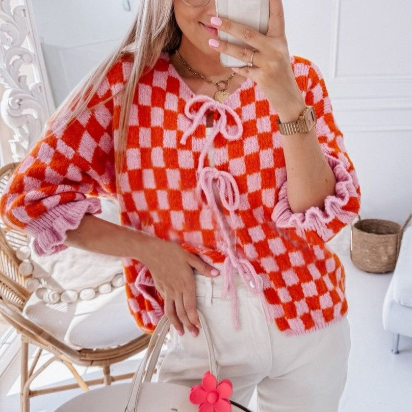 Ruffle Cuff Checkerboard Knit Cardigan - OrangePink