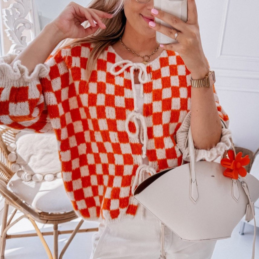 Ruffle Cuff Checkerboard Knit Cardigan - Red