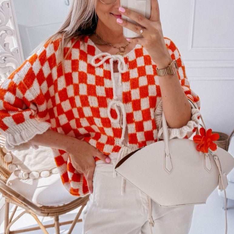 Ruffle Cuff Checkerboard Knit Cardigan - Red - 1
