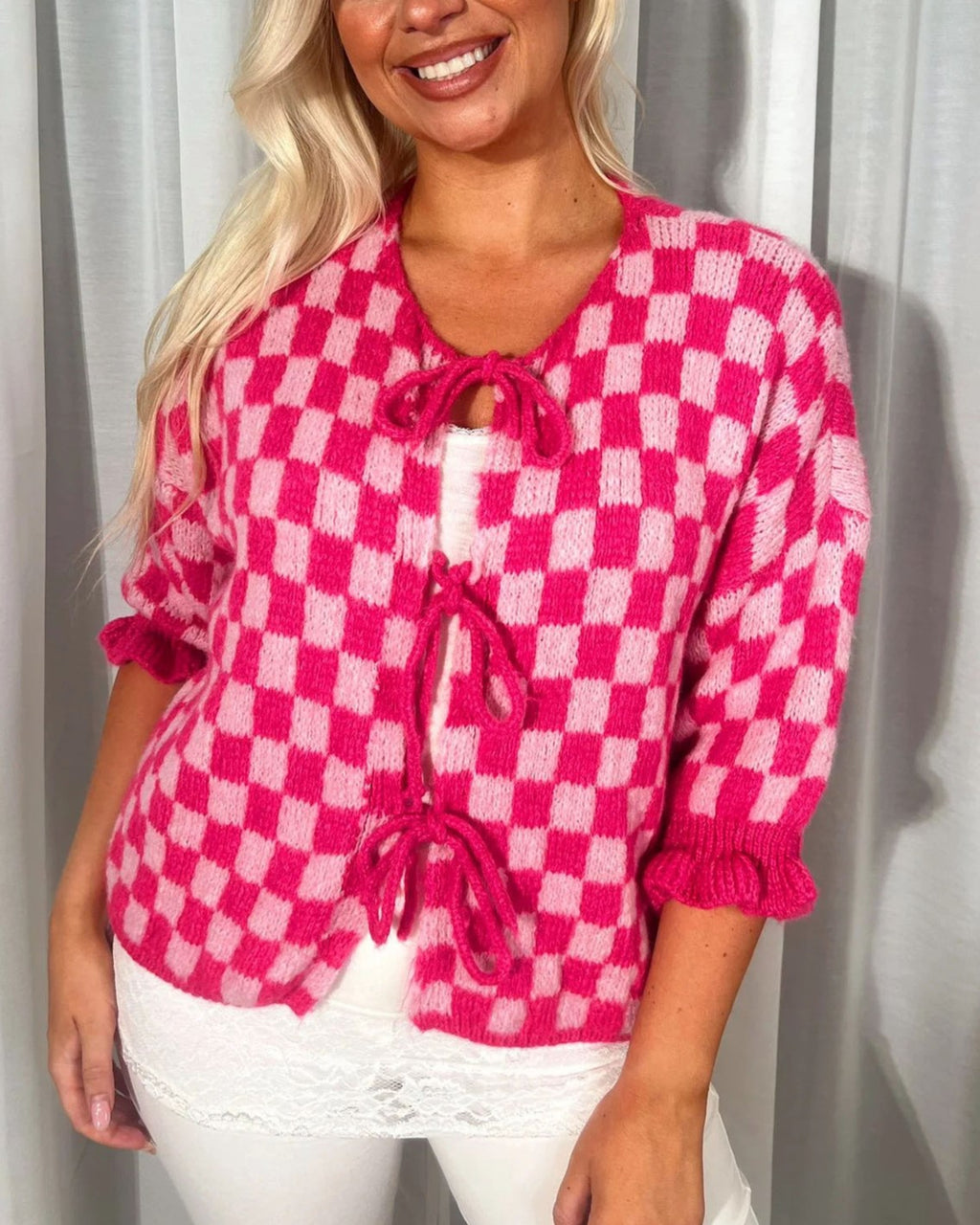 Ruffle Cuff Checkerboard Knit Cardigan - Rose