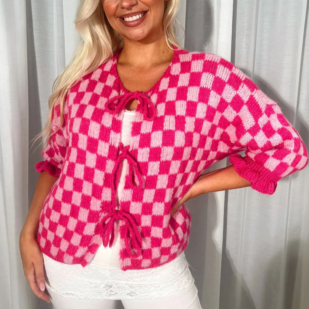 Ruffle Cuff Checkerboard Knit Cardigan - Rose - 1
