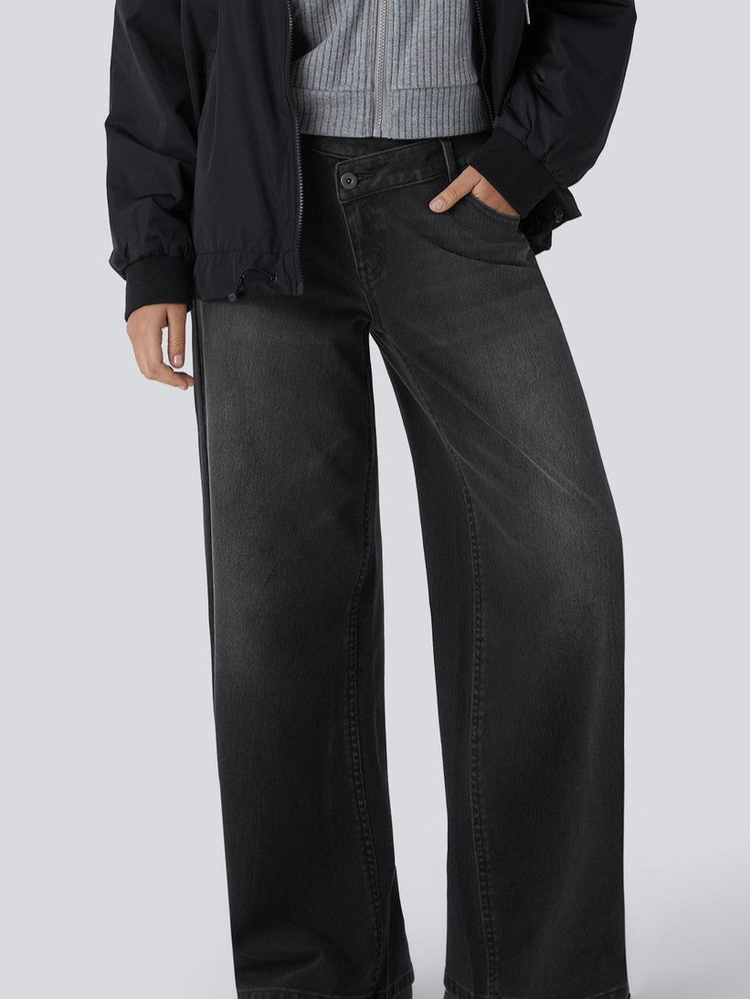 Low Rise Crossover Waist Wide Leg Jeans - Black