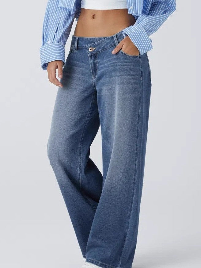 Low Rise Crossover Waist Wide Leg Jeans - Blue