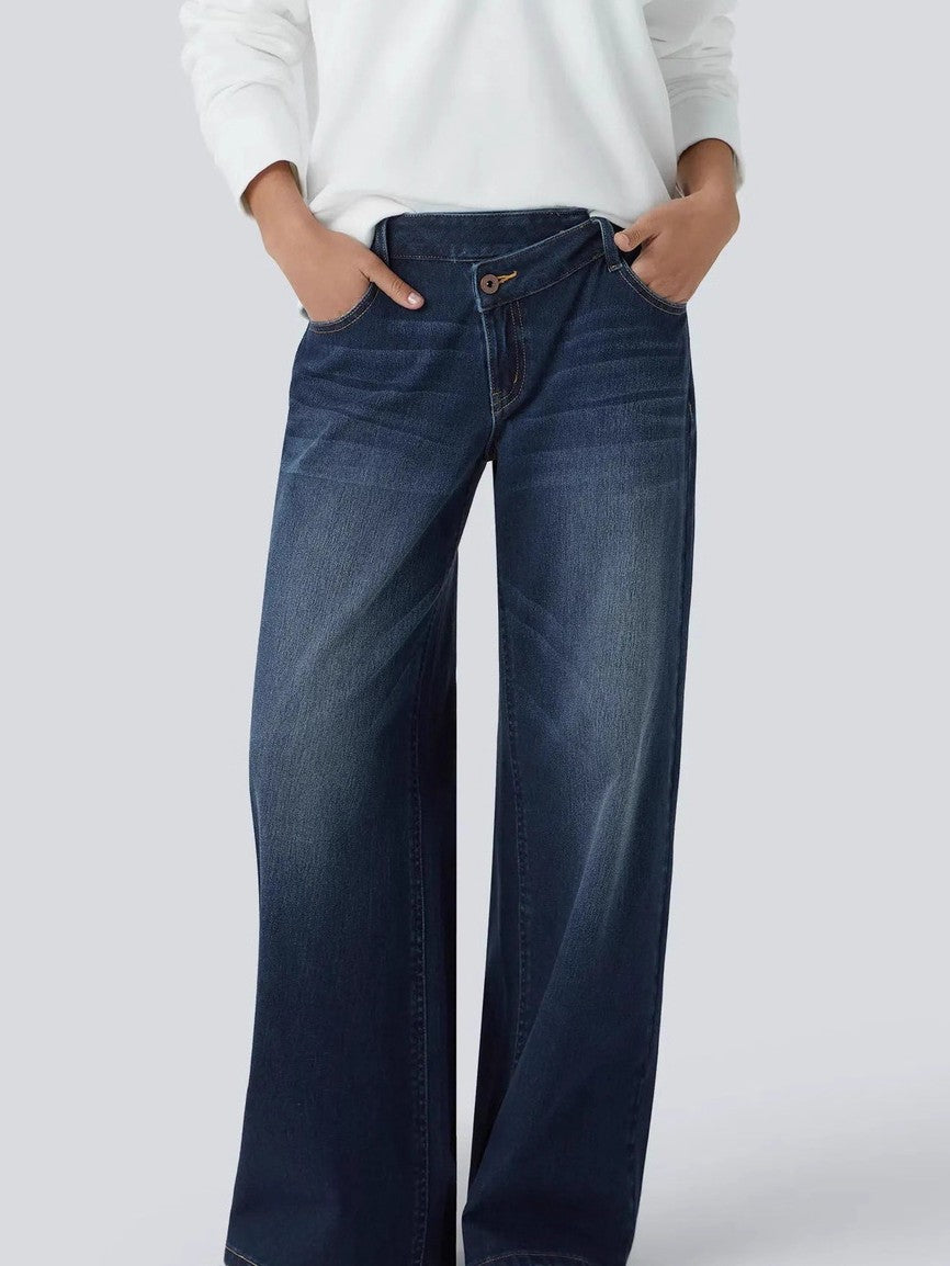Low Rise Crossover Waist Wide Leg Jeans - DarkBlue