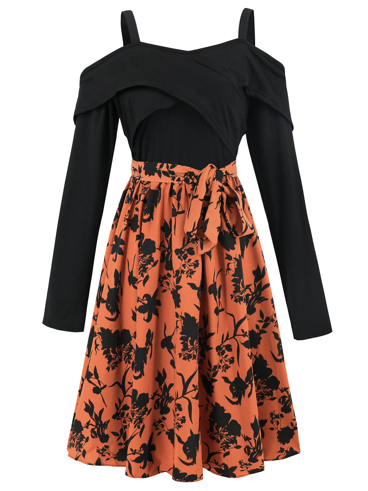 Floral Cold Shoulder Long Sleeve Swing Dress - Brown