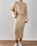Mock Neck Knit Top And Midi Skirt Set - Apricot