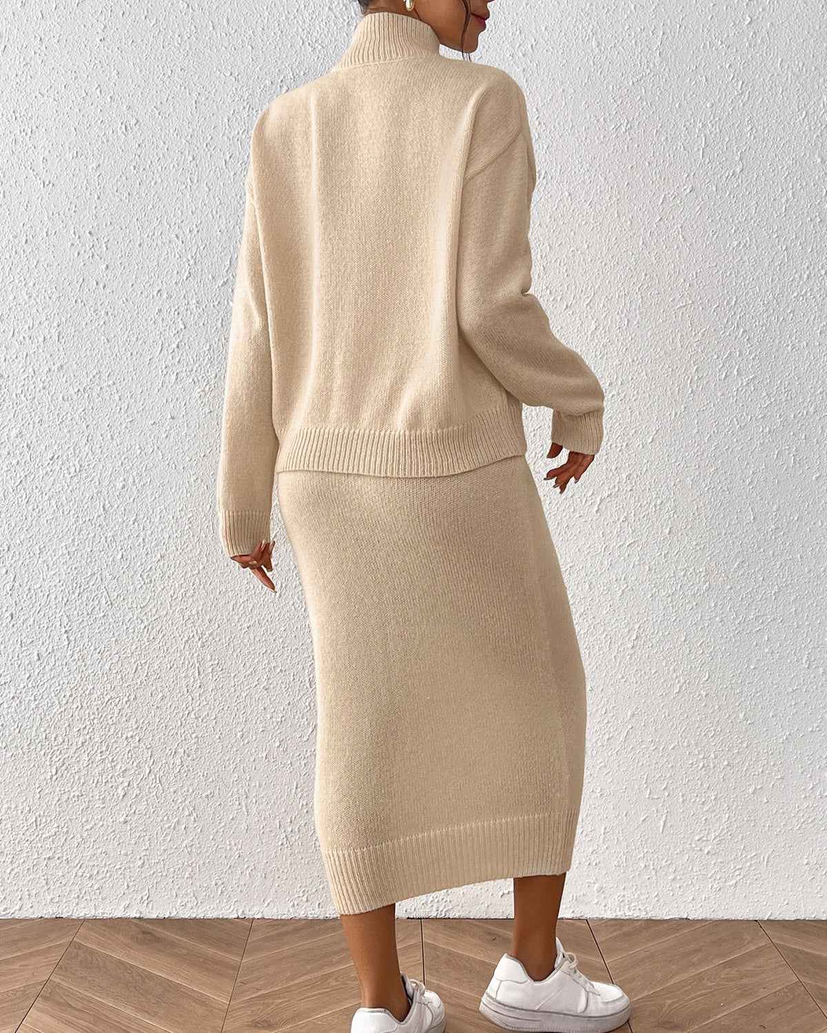 Mock Neck Knit Top And Midi Skirt Set - Apricot - 2