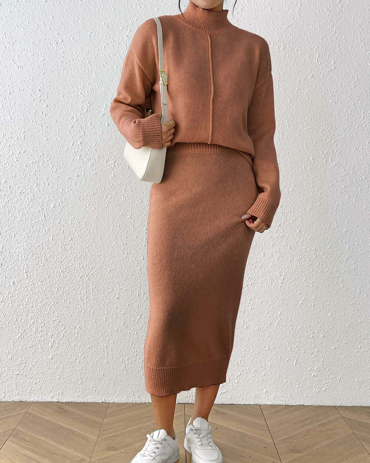 Mock Neck Knit Top And Midi Skirt Set - Coffee