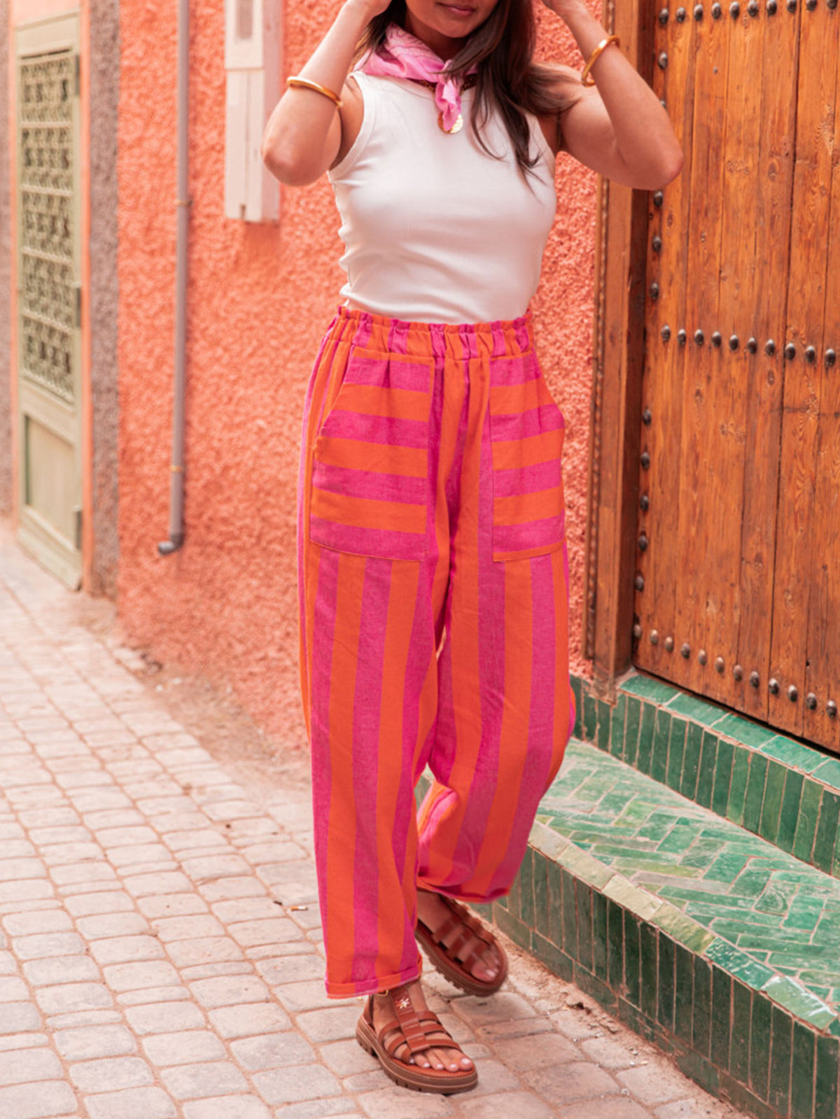 Vertical Stripe Drawstring Wide Leg Pants - Fuchsia - 2