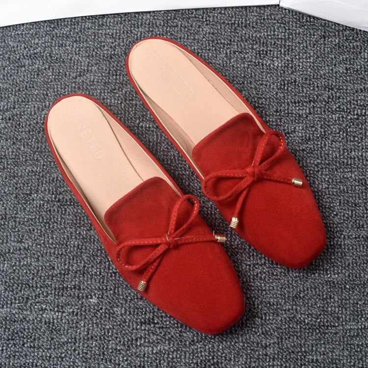 Faux Suede Bow Square Toe Mule Flats - Red