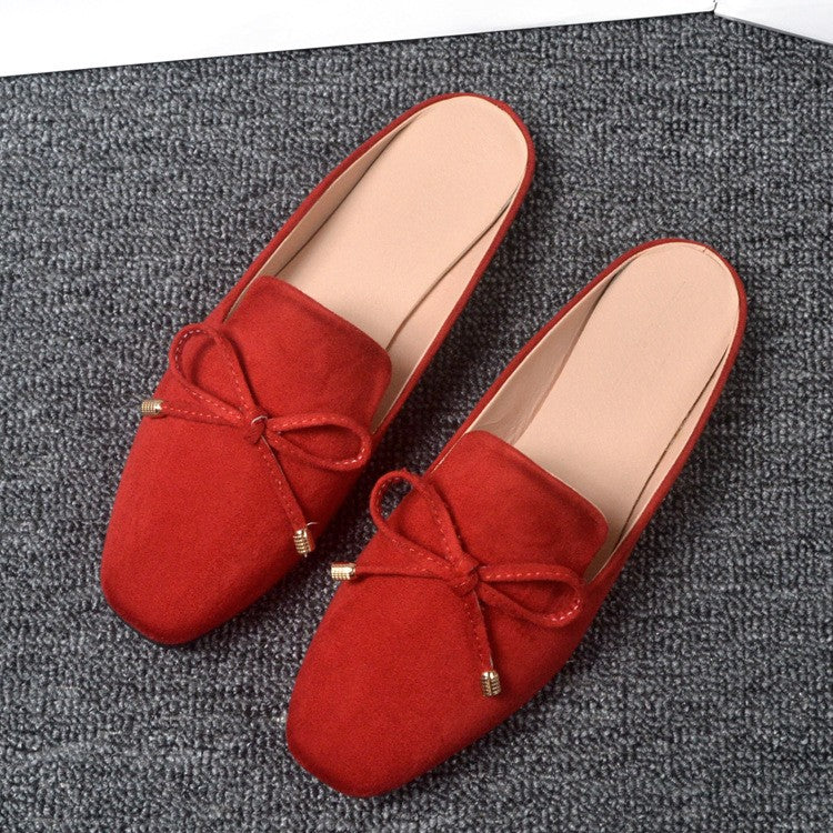 Faux Suede Bow Square Toe Mule Flats
