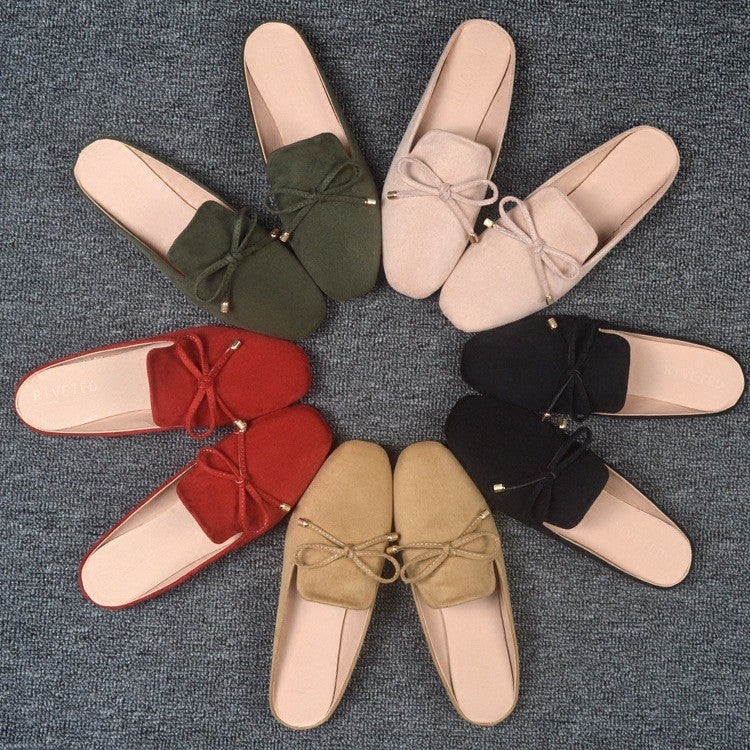 Faux Suede Bow Square Toe Mule Flats