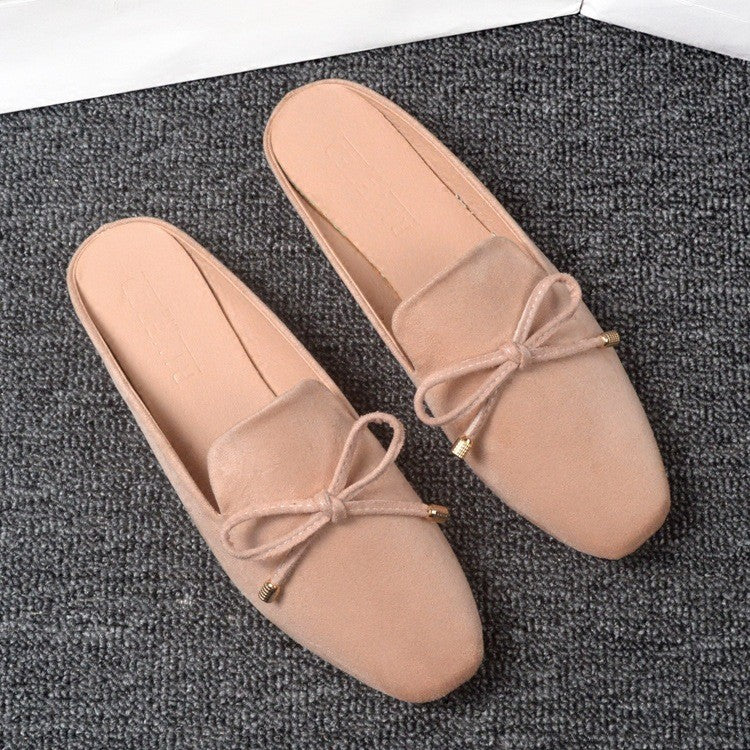 Faux Suede Bow Square Toe Mule Flats