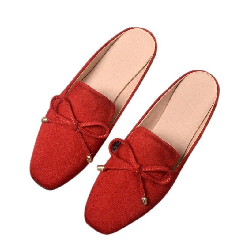 Faux Suede Bow Square Toe Mule Flats
