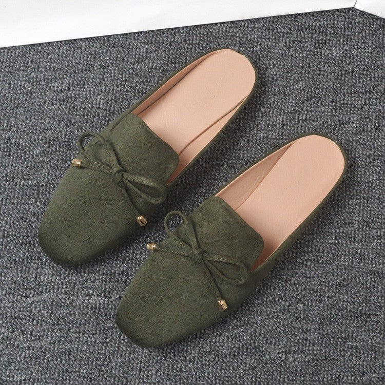 Faux Suede Bow Square Toe Mule Flats