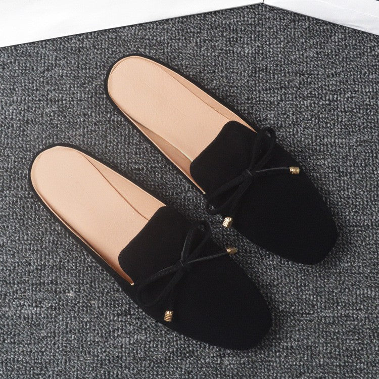 Faux Suede Bow Square Toe Mule Flats