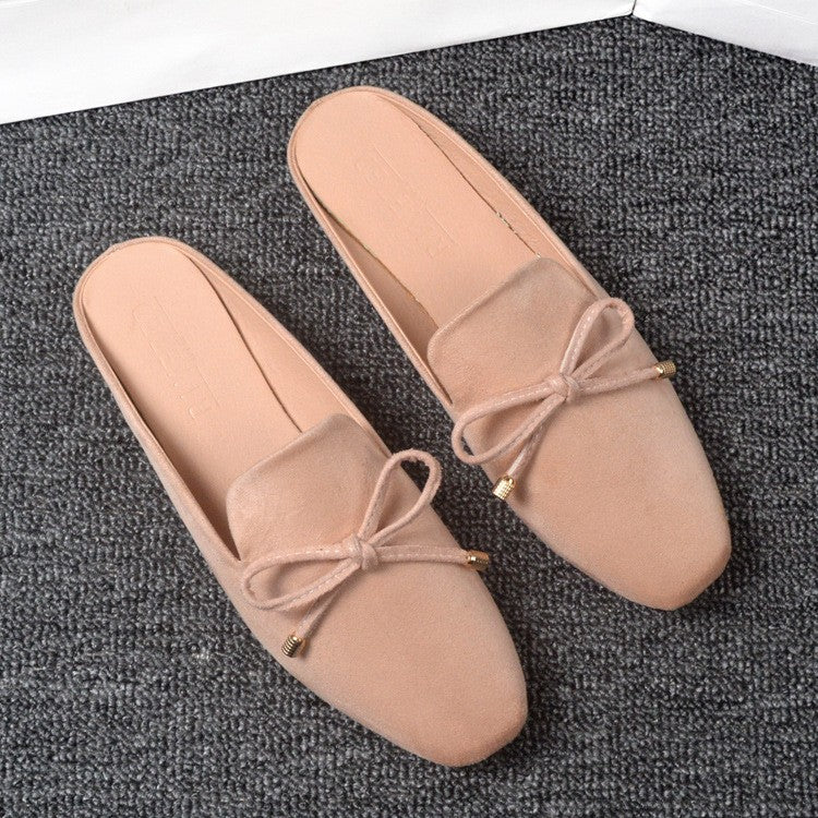 Faux Suede Bow Square Toe Mule Flats