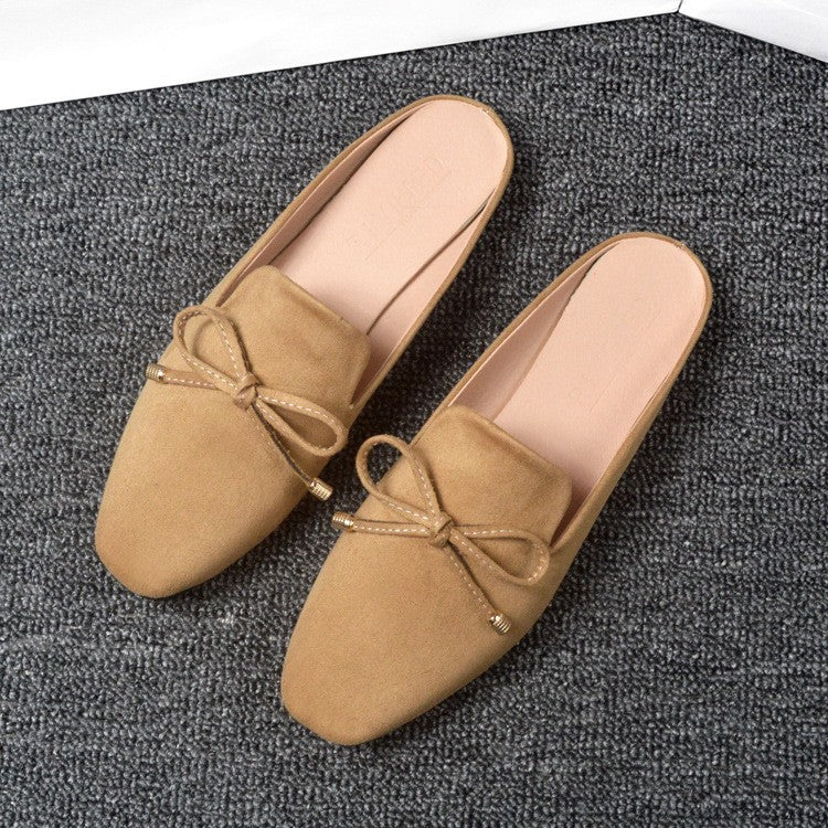 Faux Suede Bow Square Toe Mule Flats