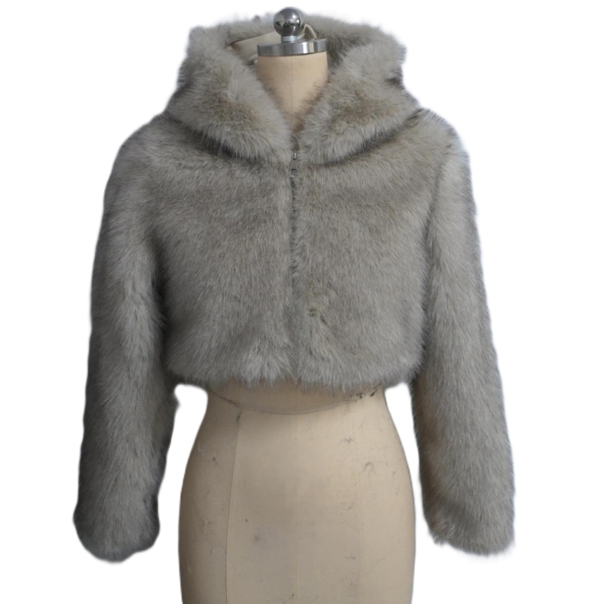 Cropped Hooded Faux Fur Zip Jacket - Grey
