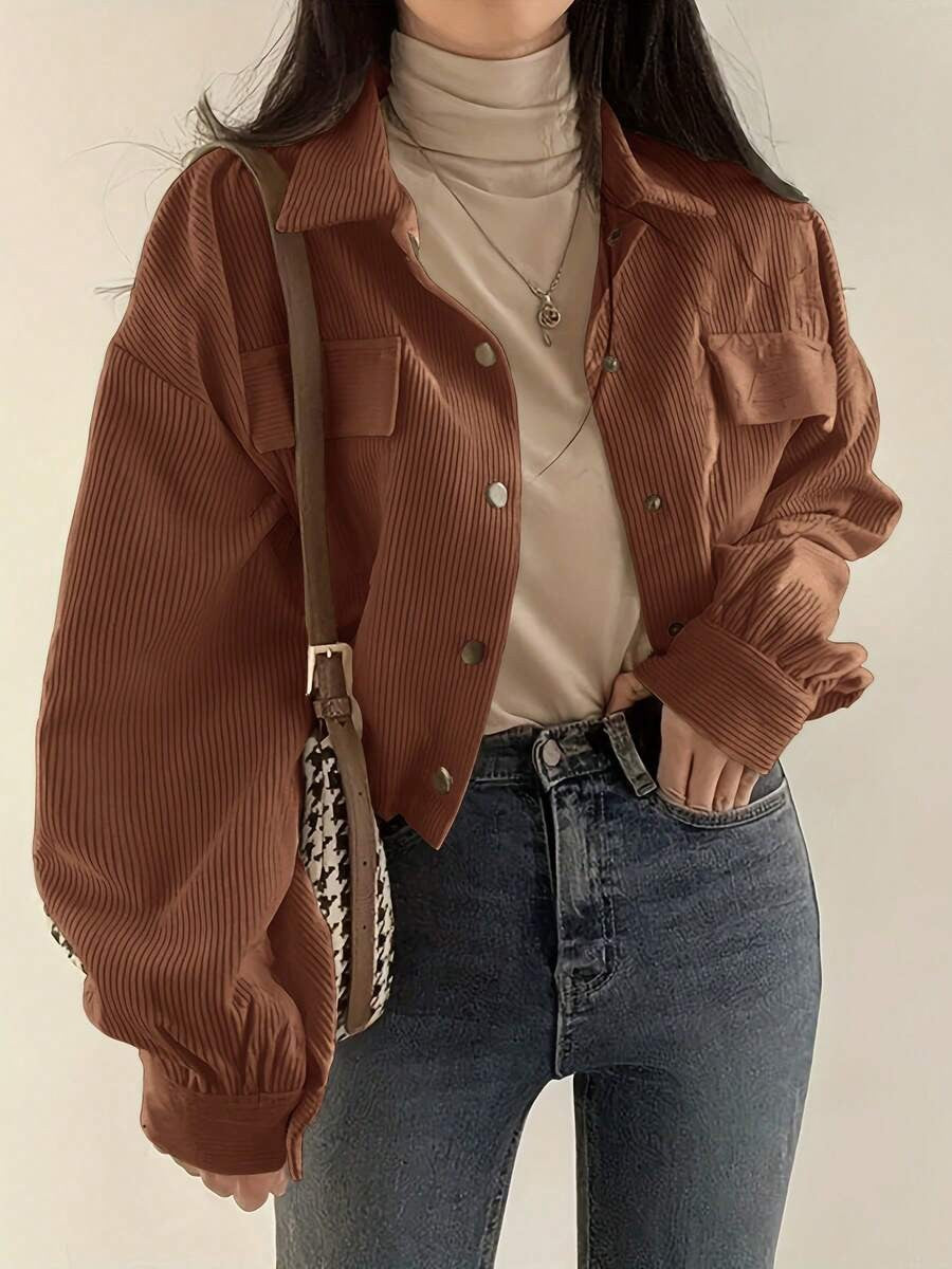 Cropped Corduroy Jacket With Chest Flap Pockets - Caramel - 1