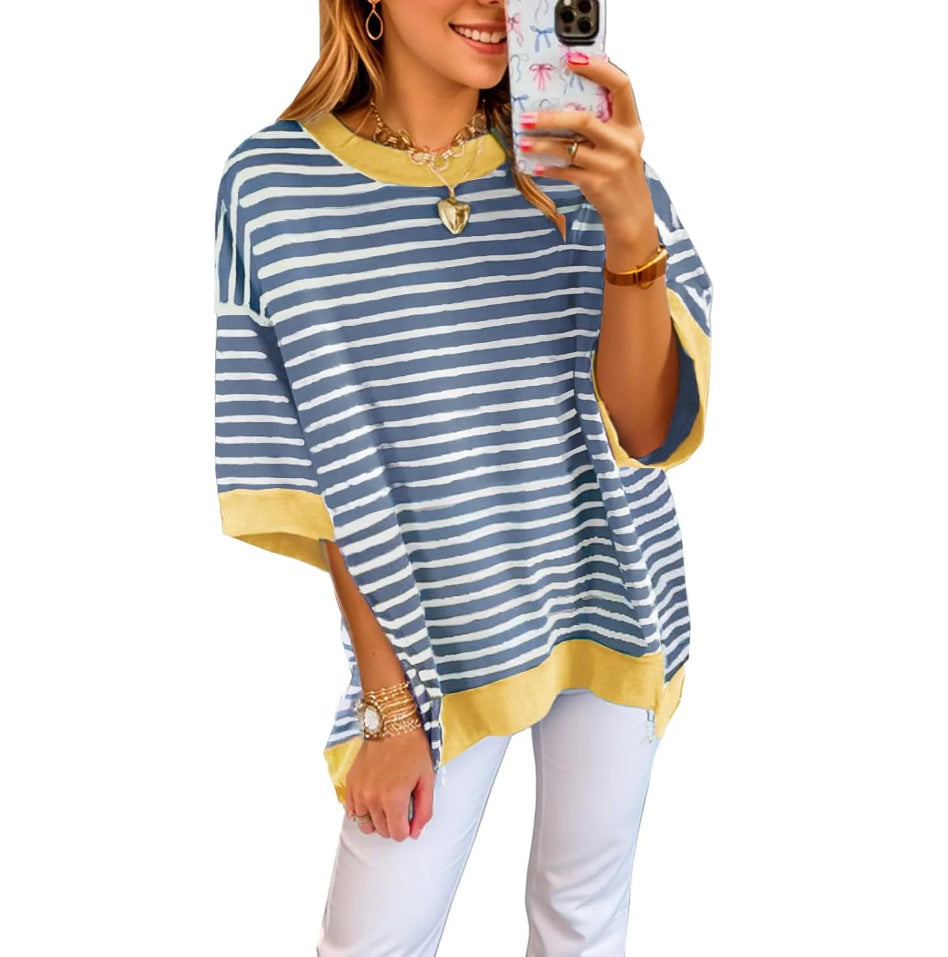 Oversized Striped Drop Shoulder Contrast Trim Tee - Blue