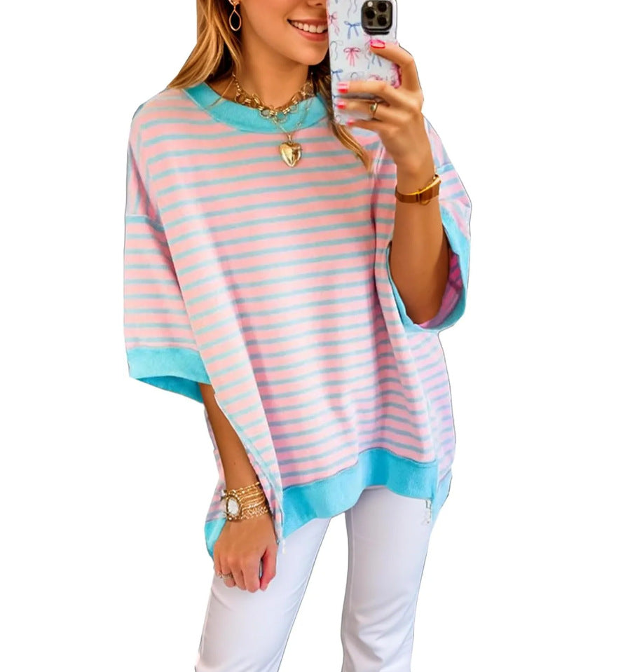 Oversized Striped Drop Shoulder Contrast Trim Tee - Pink