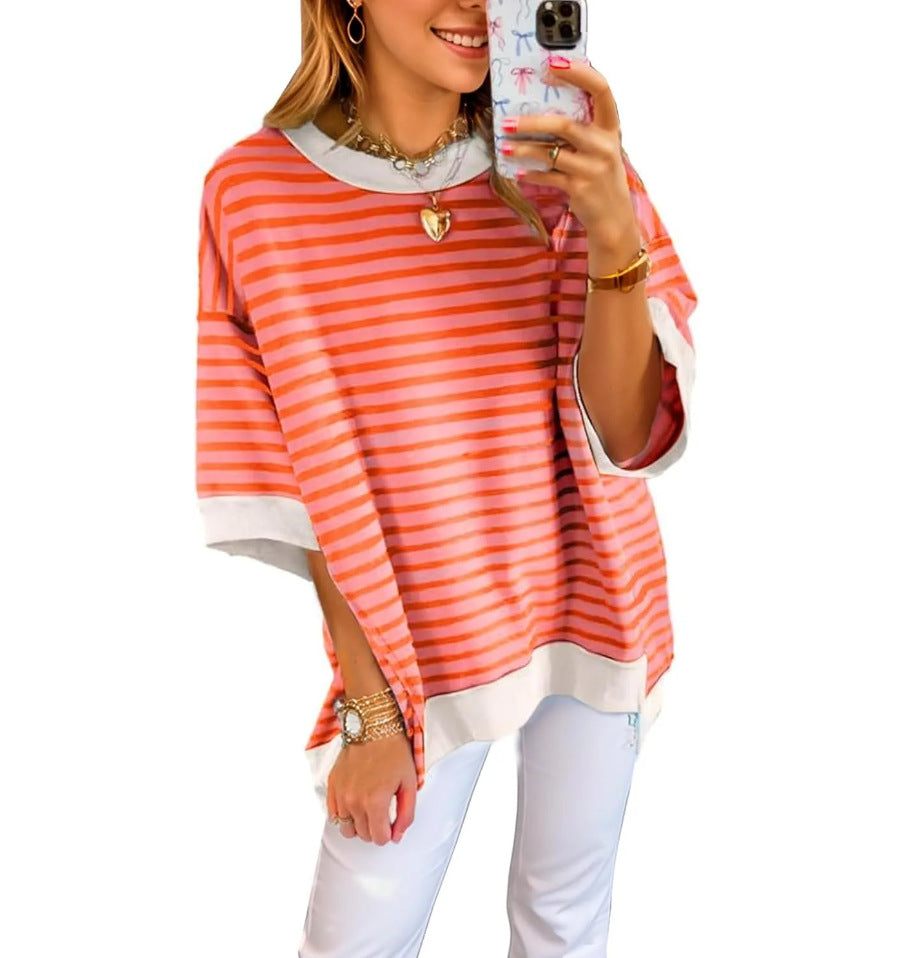 Oversized Striped Drop Shoulder Contrast Trim Tee - Red