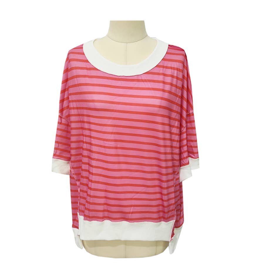Oversized Striped Drop Shoulder Contrast Trim Tee
