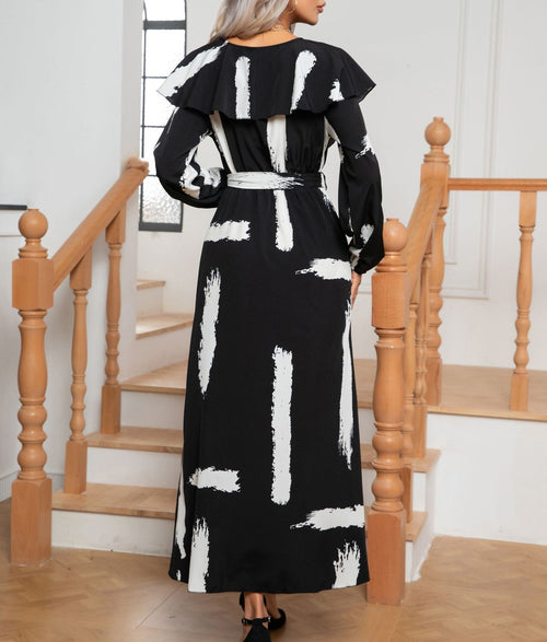 Abstract Brushstroke Ruffle Wrap Maxi Dress - Black - 1