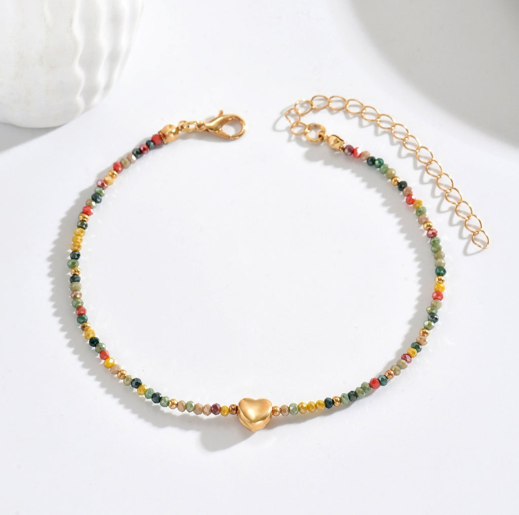 Boho Seed Bead Heart Charm Anklet - Gold - 1