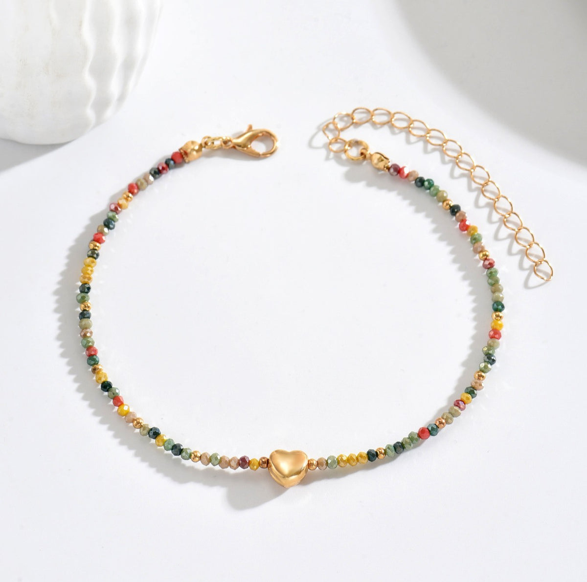 Boho Seed Bead Heart Charm Anklet - Gold - 1