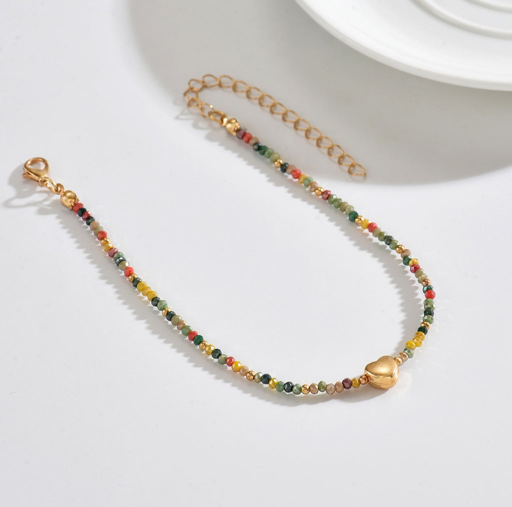 Boho Seed Bead Heart Charm Anklet - Gold - 2