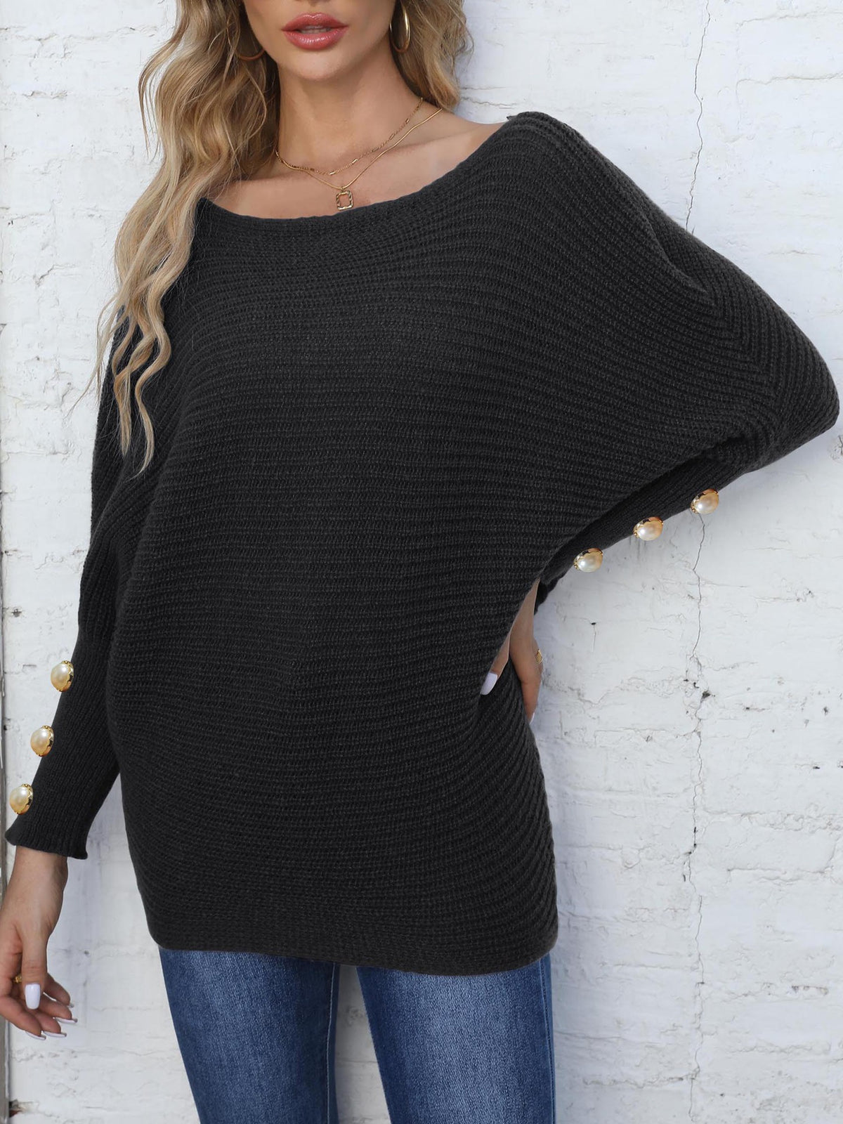 Boat Neck Batwing Sleeve Knit Sweater - Black - 1