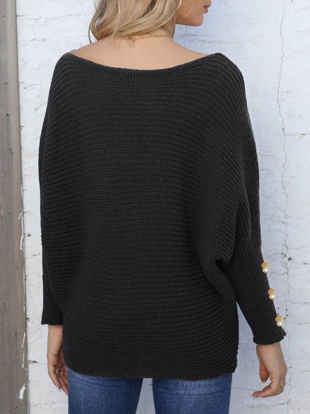 Boat Neck Batwing Sleeve Knit Sweater - Black - 3