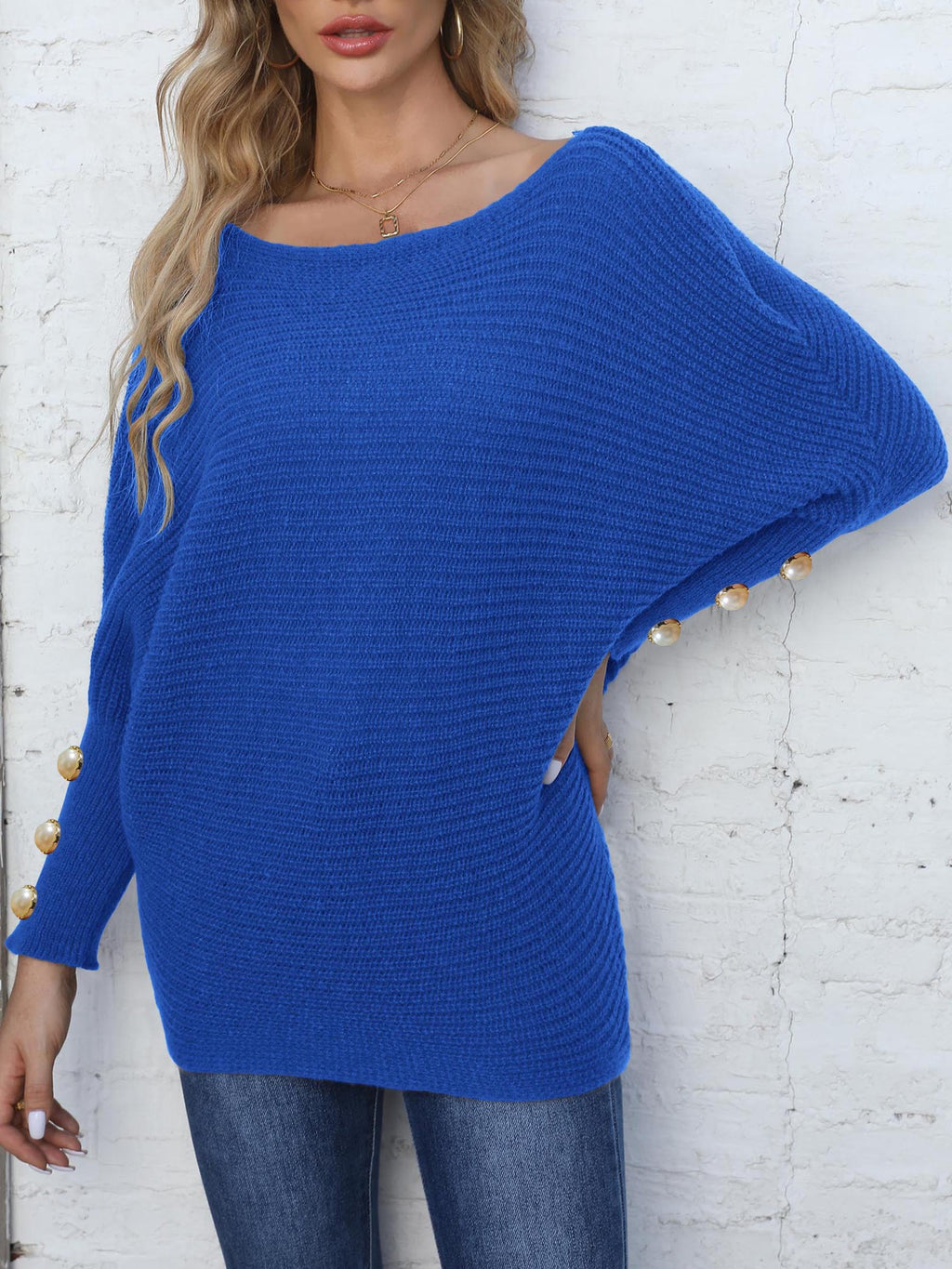 Boat Neck Batwing Sleeve Knit Sweater - Blue - 1