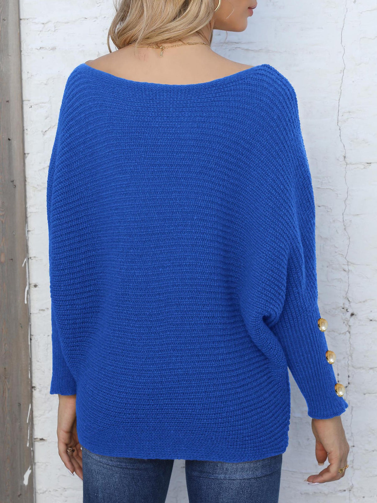 Boat Neck Batwing Sleeve Knit Sweater - Blue - 3
