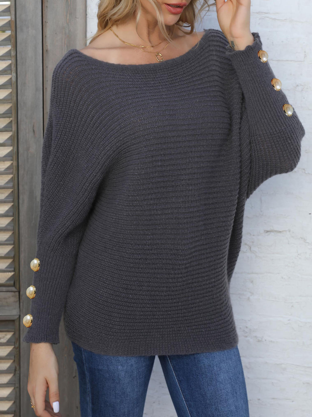 Boat Neck Batwing Sleeve Knit Sweater - Grey - 3