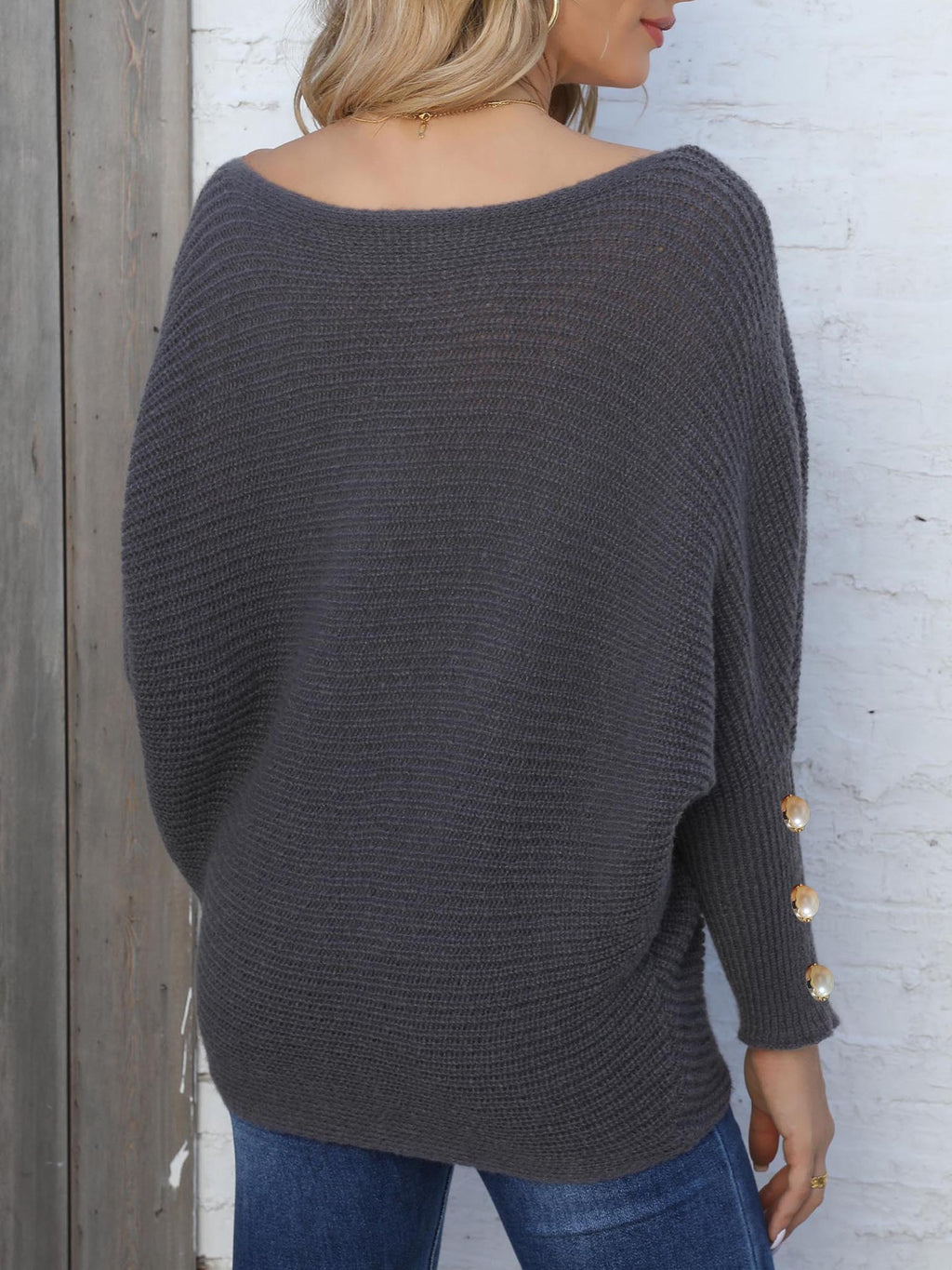 Boat Neck Batwing Sleeve Knit Sweater - Grey - 4