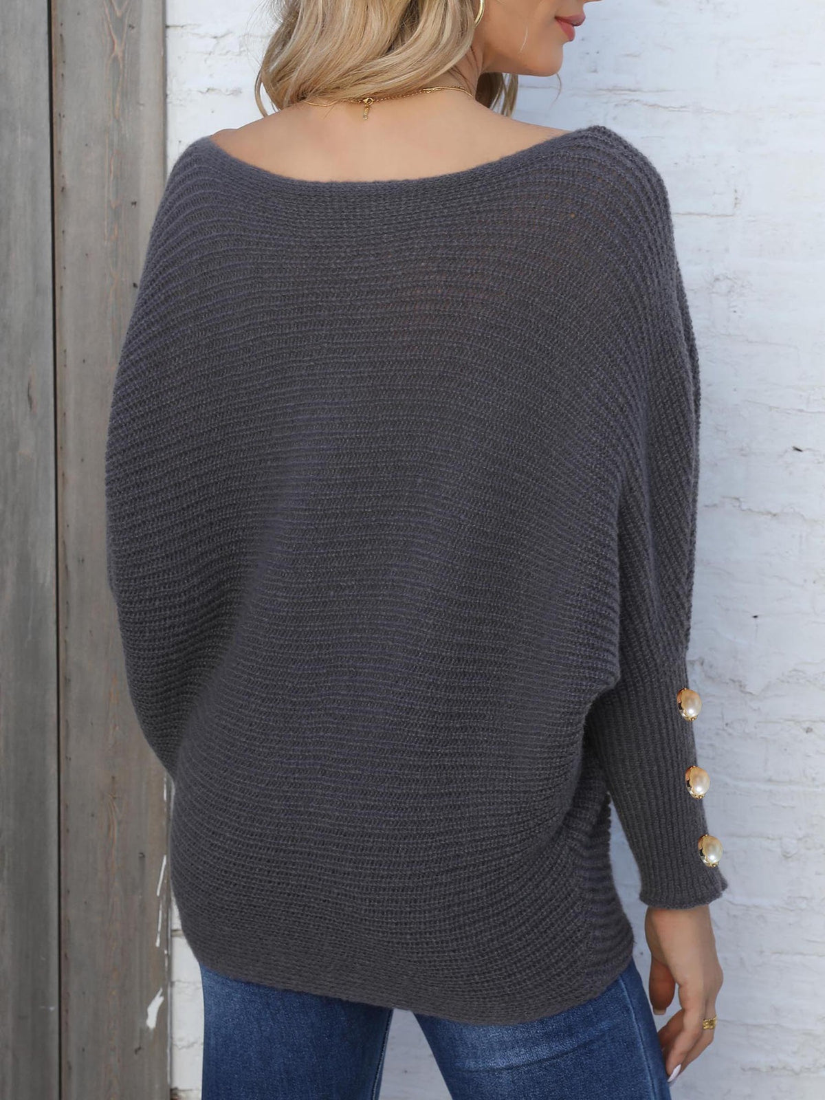 Boat Neck Batwing Sleeve Knit Sweater - Grey - 4
