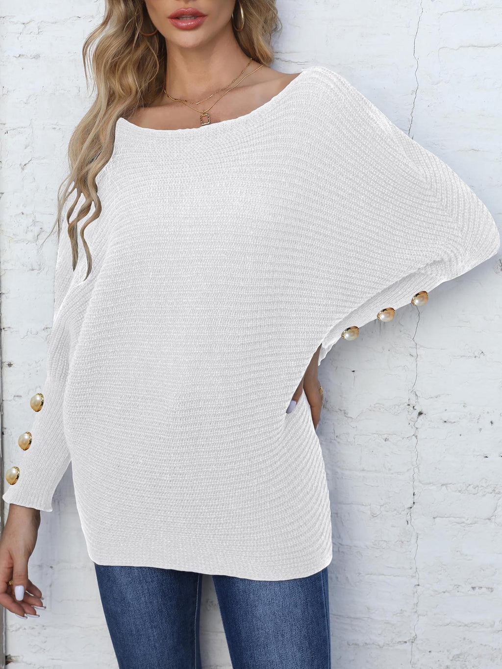 Boat Neck Batwing Sleeve Knit Sweater - White - 2