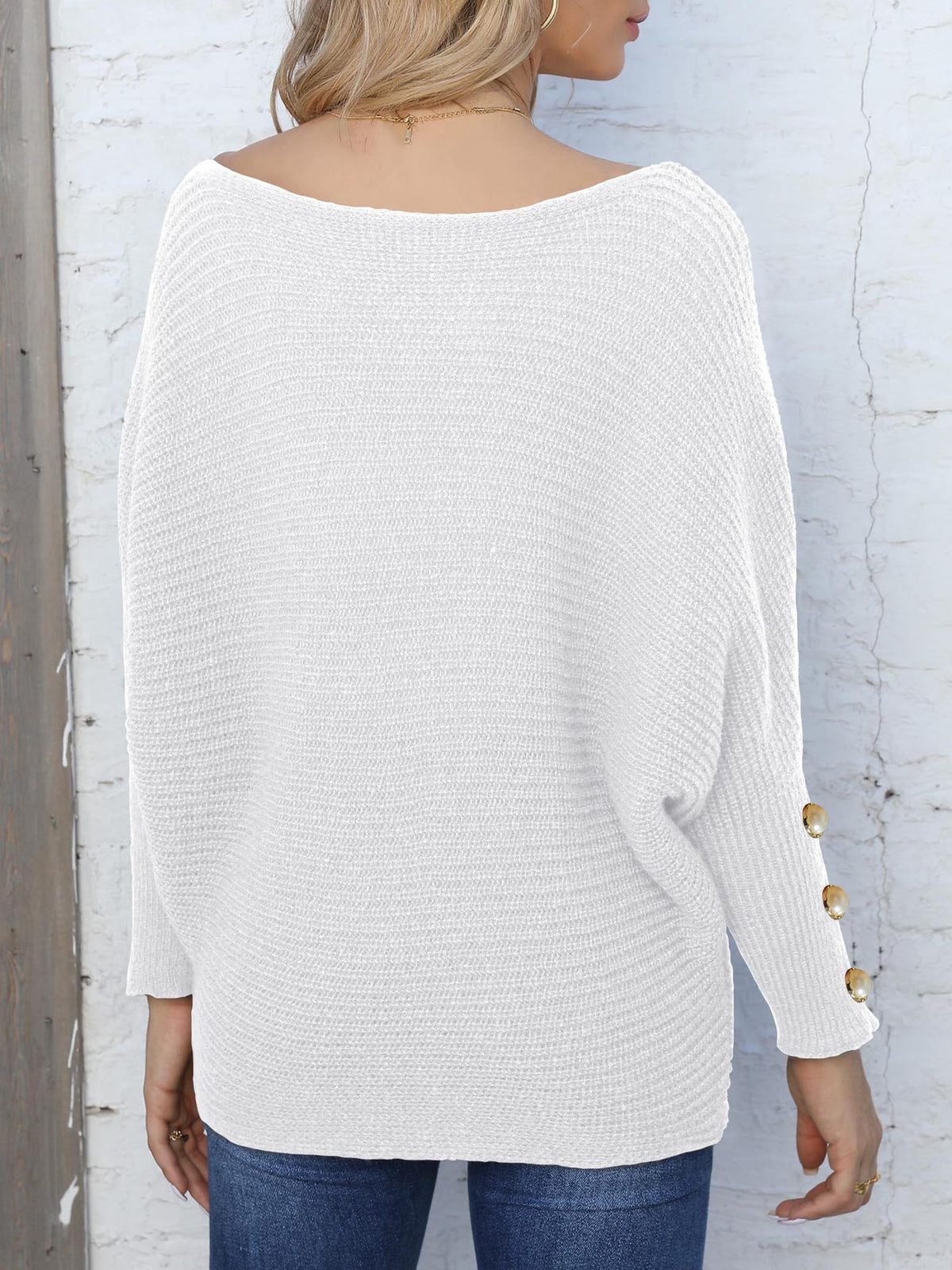 Boat Neck Batwing Sleeve Knit Sweater - White - 3