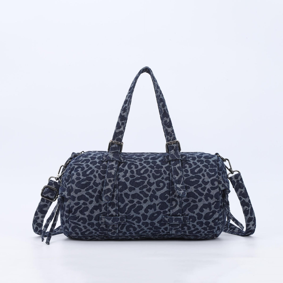 Washed Denim Barrel Bag with Crossbody Strap - Blue Leopard