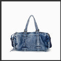 Washed Denim Barrel Bag with Crossbody Strap - Denim Blue