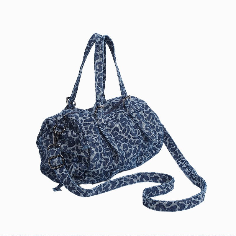 Washed Denim Barrel Bag with Crossbody Strap