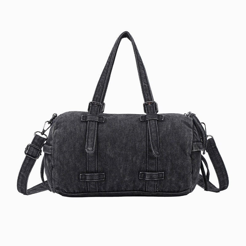 Washed Denim Barrel Bag with Crossbody Strap