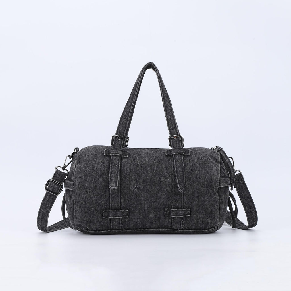 Washed Denim Barrel Bag with Crossbody Strap
