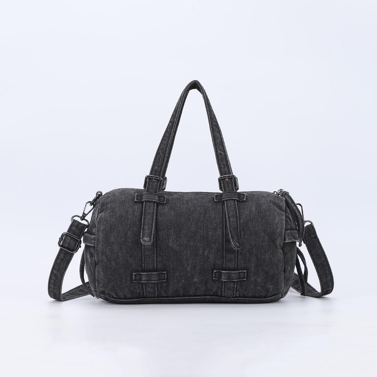 Washed Denim Barrel Bag with Crossbody Strap