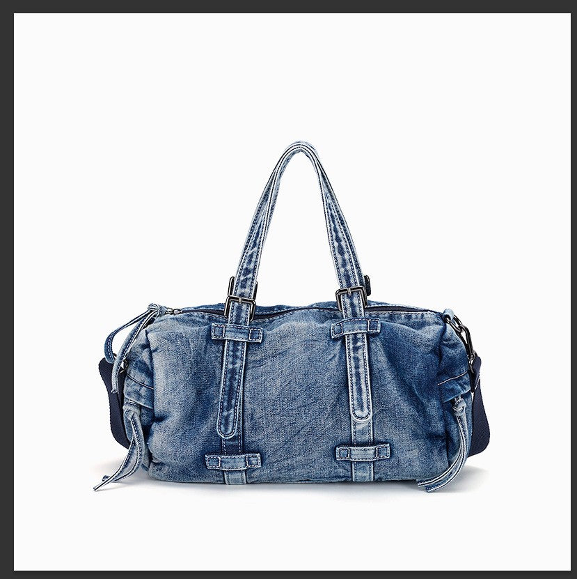 Washed Denim Barrel Bag with Crossbody Strap